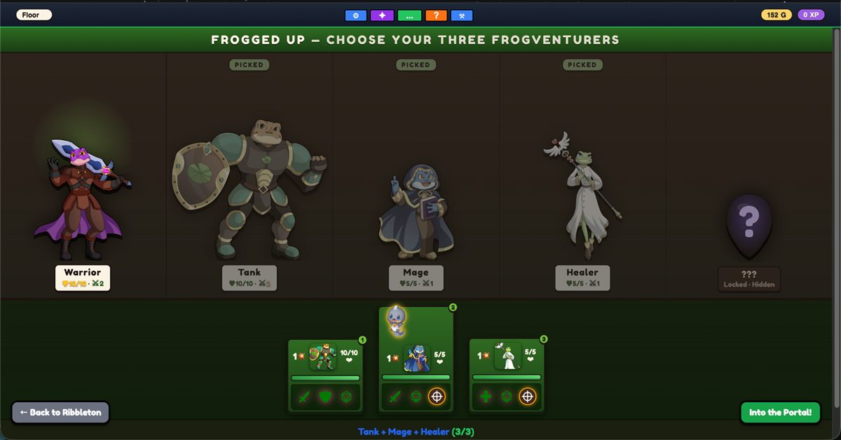 FROGGLE screenshot - choosing three Frogventurers in FROGGED UP mode
