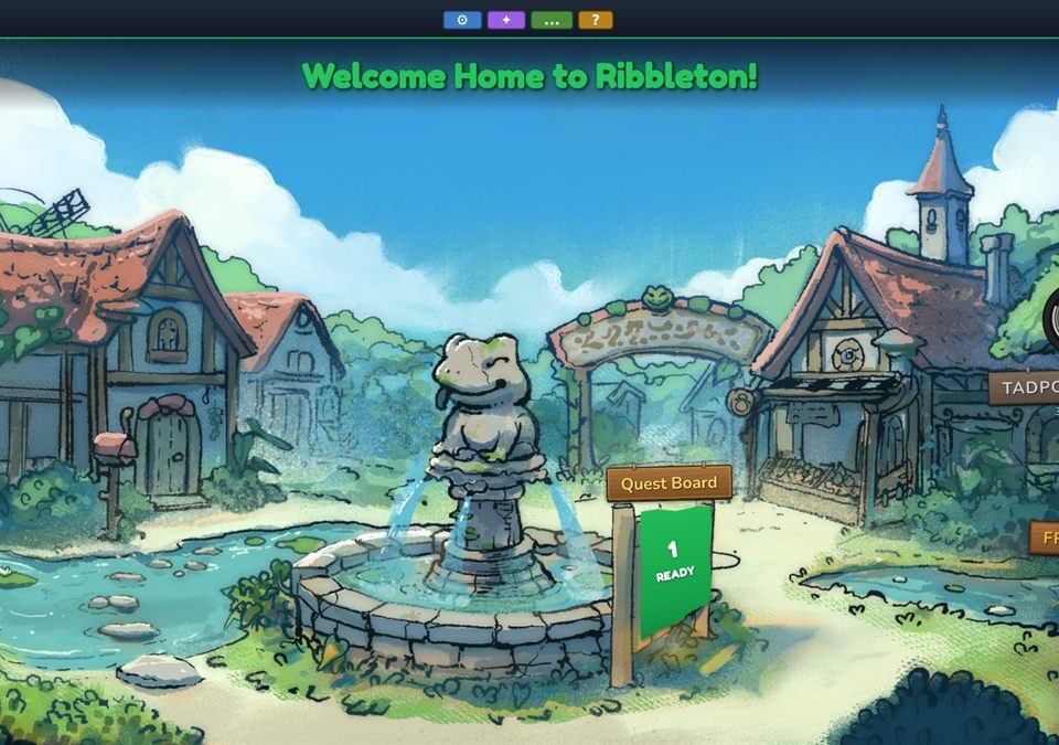 FROGGLE screenshot - the Ribbleton village hub with quest board and pond
