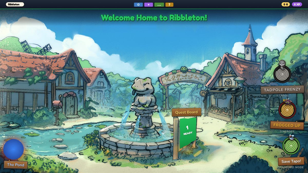 FROGGLE screenshot - the Ribbleton village hub with quest board and pond