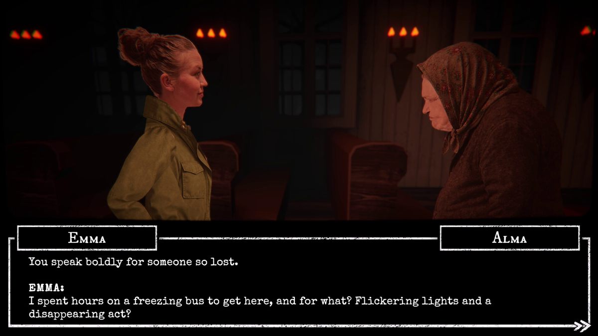 The Polar Darkness screenshot - Emma confronts revival leader Alma in a dialogue scene