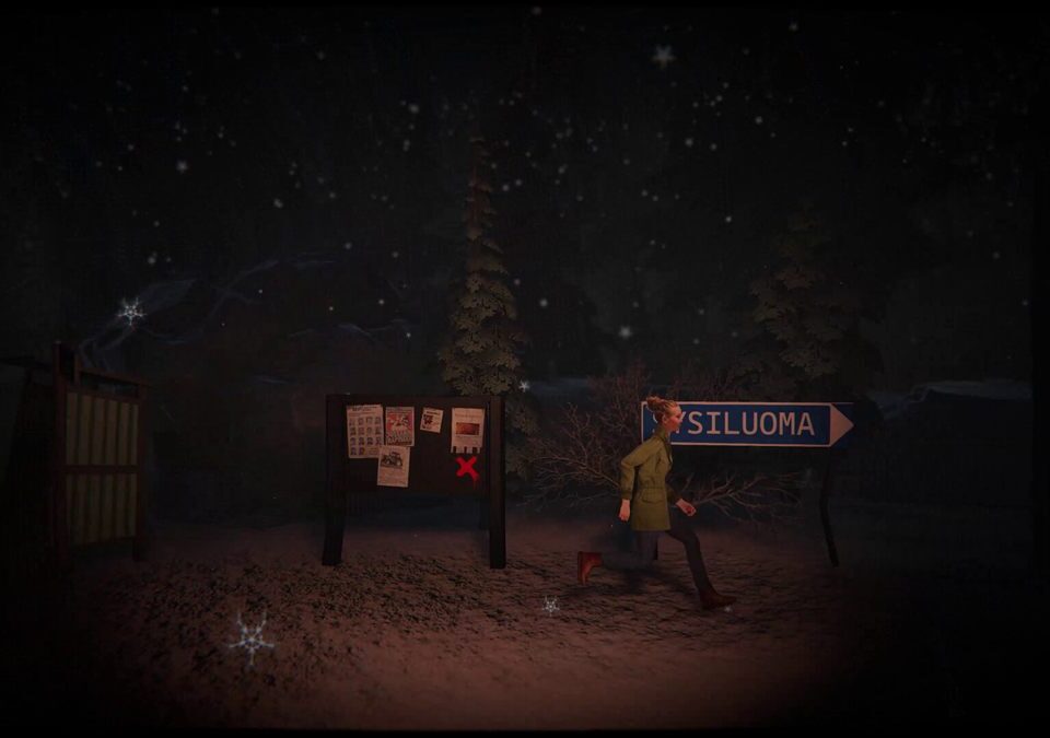 The Polar Darkness screenshot - Emma runs past the Sysiluoma village sign in the polar night