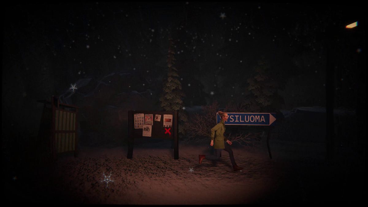 The Polar Darkness screenshot - Emma runs past the Sysiluoma village sign in the polar night